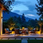 A photograph of a well-lit outdoor space showcasing a variety of stylish motion lighting fixtures in action