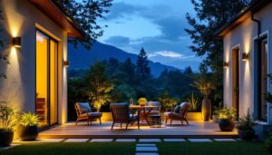 A photograph of a well-lit outdoor space showcasing a variety of stylish motion lighting fixtures in action