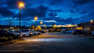 A photograph of a well-lit parking lot at dusk