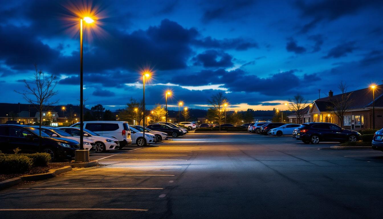 A photograph of a well-lit parking lot at dusk