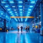 A photograph of capture a photograph of a well-lit industrial warehouse interior