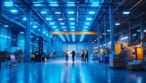 A photograph of capture a photograph of a well-lit industrial warehouse interior