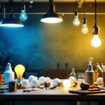 A photograph of a well-lit workspace featuring a variety of light bulbs