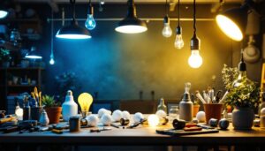 A photograph of a well-lit workspace featuring a variety of light bulbs