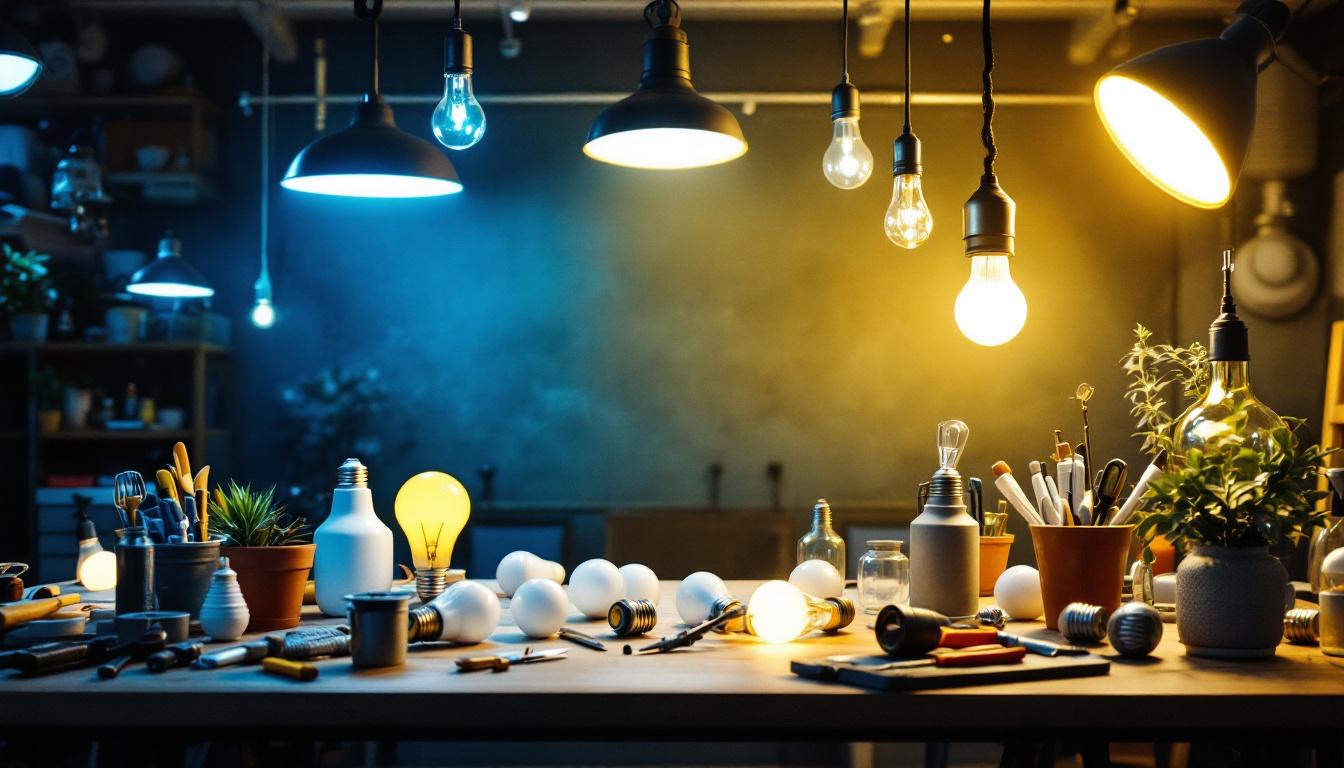 A photograph of a well-lit workspace featuring a variety of light bulbs