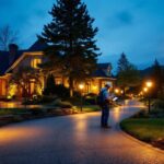 A photograph of a well-lit driveway featuring solar lights at dusk