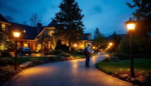 A photograph of a well-lit driveway featuring solar lights at dusk