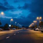 A photograph of a well-lit parking lot at dusk