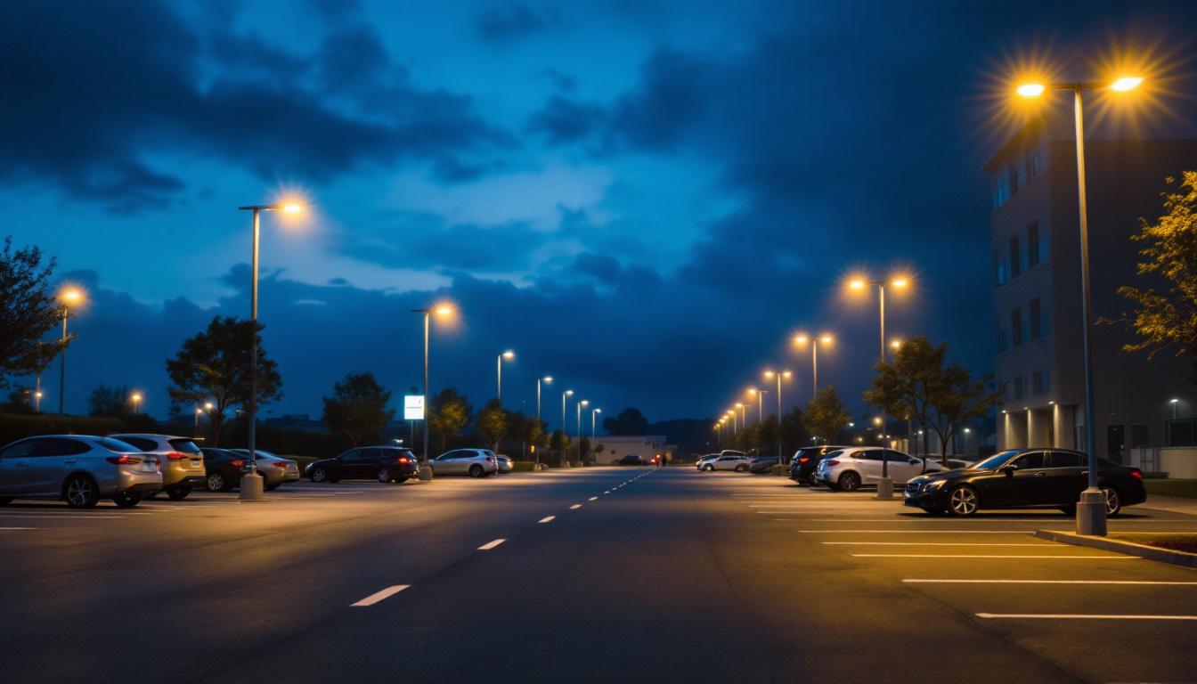 A photograph of a well-lit parking lot at dusk