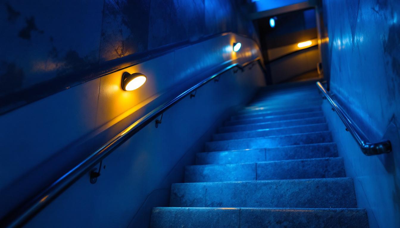 A photograph of a well-lit stairwell featuring led lights
