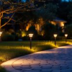 A photograph of a beautifully illuminated driveway at dusk