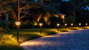 A photograph of a beautifully illuminated driveway at dusk