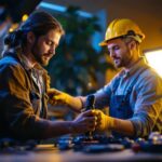 A photograph of a lighting contractor in action