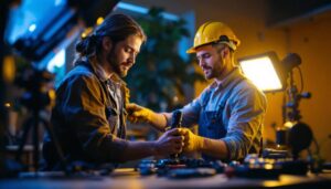 A photograph of a lighting contractor in action