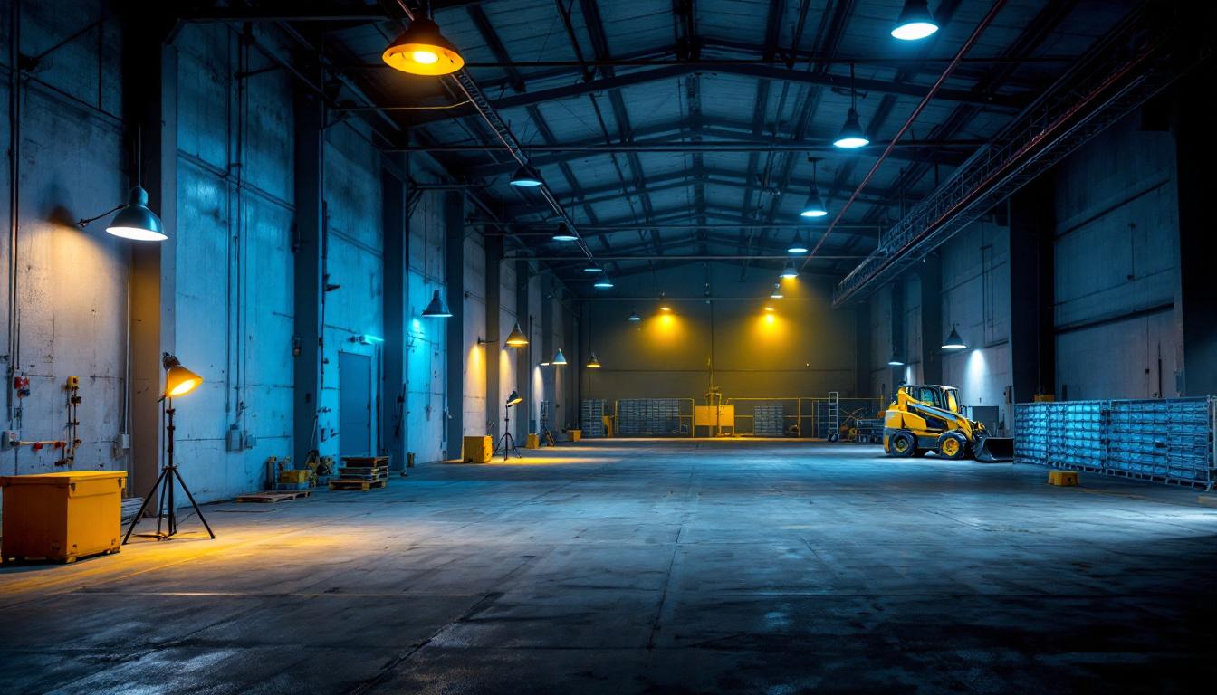 A photograph of a well-lit outdoor industrial space showcasing various types of light fixtures in use