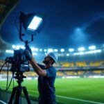 A photograph of a lighting contractor installing or adjusting led stadium lights