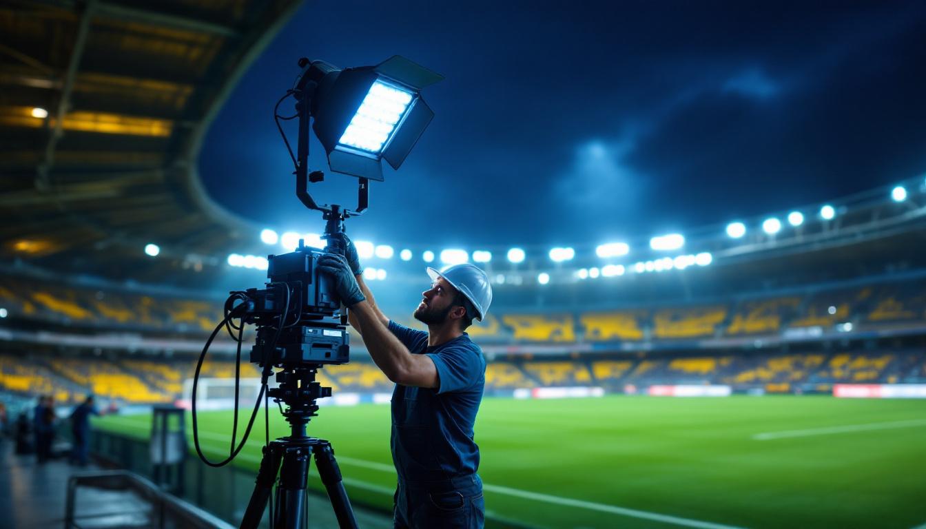 A photograph of a lighting contractor installing or adjusting led stadium lights