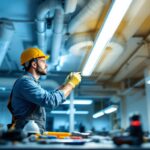 A photograph of a lighting contractor installing led tube lights in a commercial space