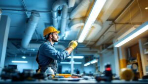 A photograph of a lighting contractor installing led tube lights in a commercial space