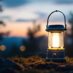 A photograph of a solar-powered rechargeable lantern in an outdoor setting