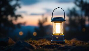 A photograph of a solar-powered rechargeable lantern in an outdoor setting