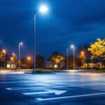 A photograph of a well-lit parking lot at dusk