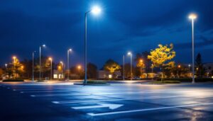 A photograph of a well-lit parking lot at dusk