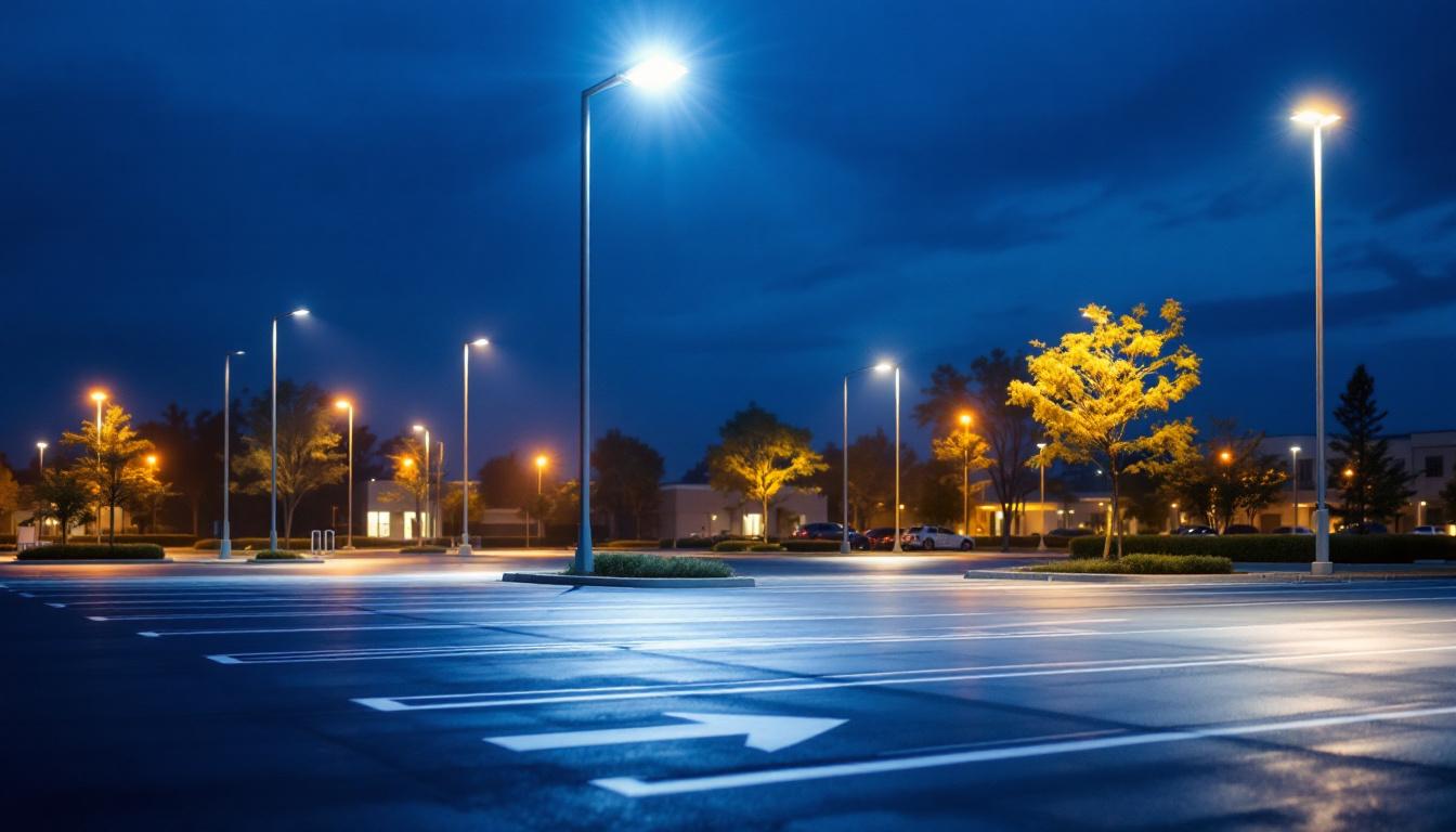 A photograph of a well-lit parking lot at dusk