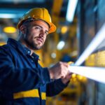 A photograph of a lighting contractor replacing a fluorescent tube with an led equivalent in a commercial setting