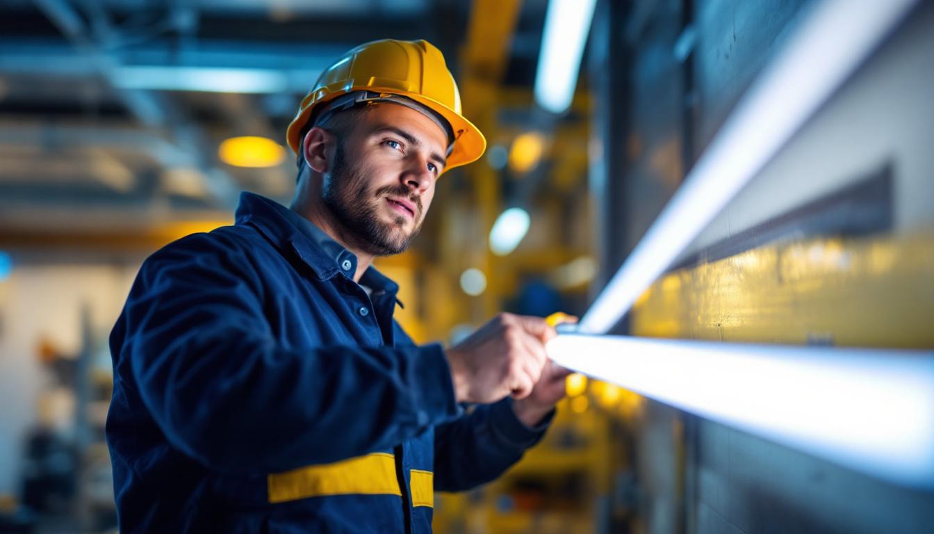 A photograph of a lighting contractor replacing a fluorescent tube with an led equivalent in a commercial setting