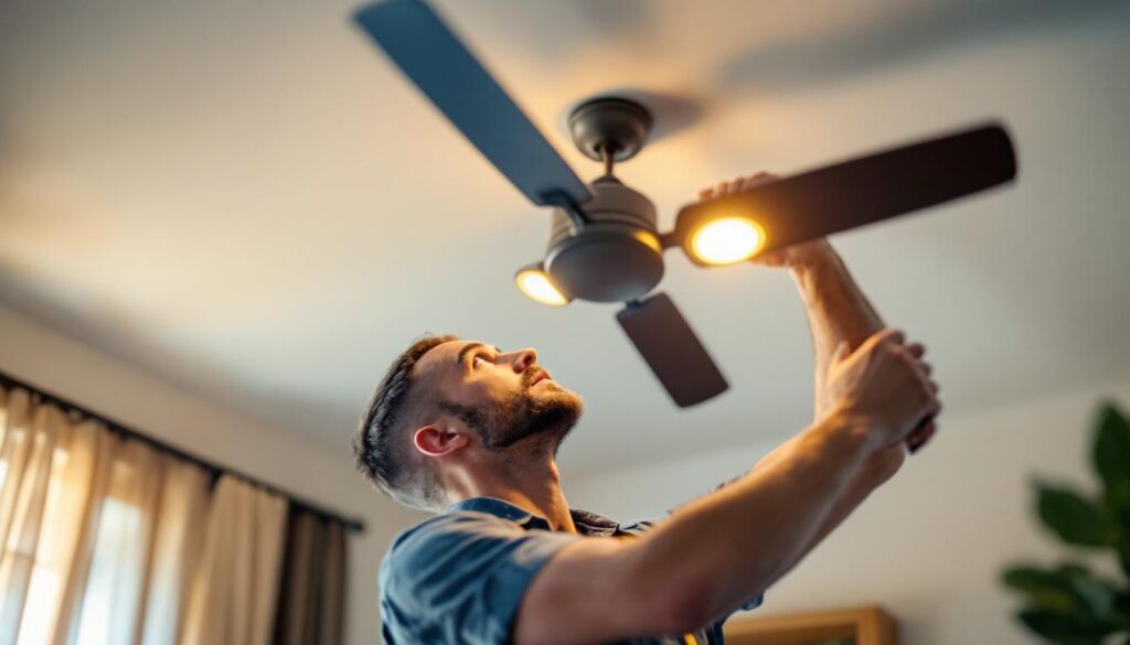 A photograph of a skilled lighting contractor expertly installing or inspecting a stylish ceiling fan with integrated lights in a well-lit room