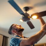 A photograph of a skilled lighting contractor expertly installing or inspecting a stylish ceiling fan with integrated lights in a well-lit room