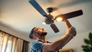 A photograph of a skilled lighting contractor expertly installing or inspecting a stylish ceiling fan with integrated lights in a well-lit room
