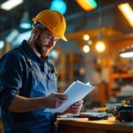 A photograph of a skilled lighting contractor meticulously reviewing a comprehensive checklist while standing in a well-lit workspace