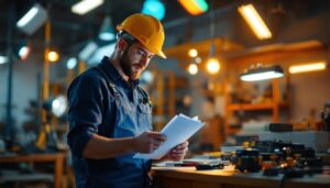 A photograph of a skilled lighting contractor meticulously reviewing a comprehensive checklist while standing in a well-lit workspace