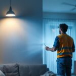 A photograph of a lighting contractor installing a light conversion kit in a residential or commercial setting