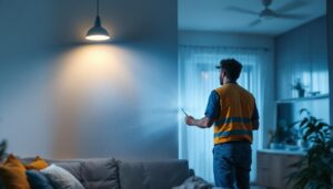 A photograph of a lighting contractor installing a light conversion kit in a residential or commercial setting