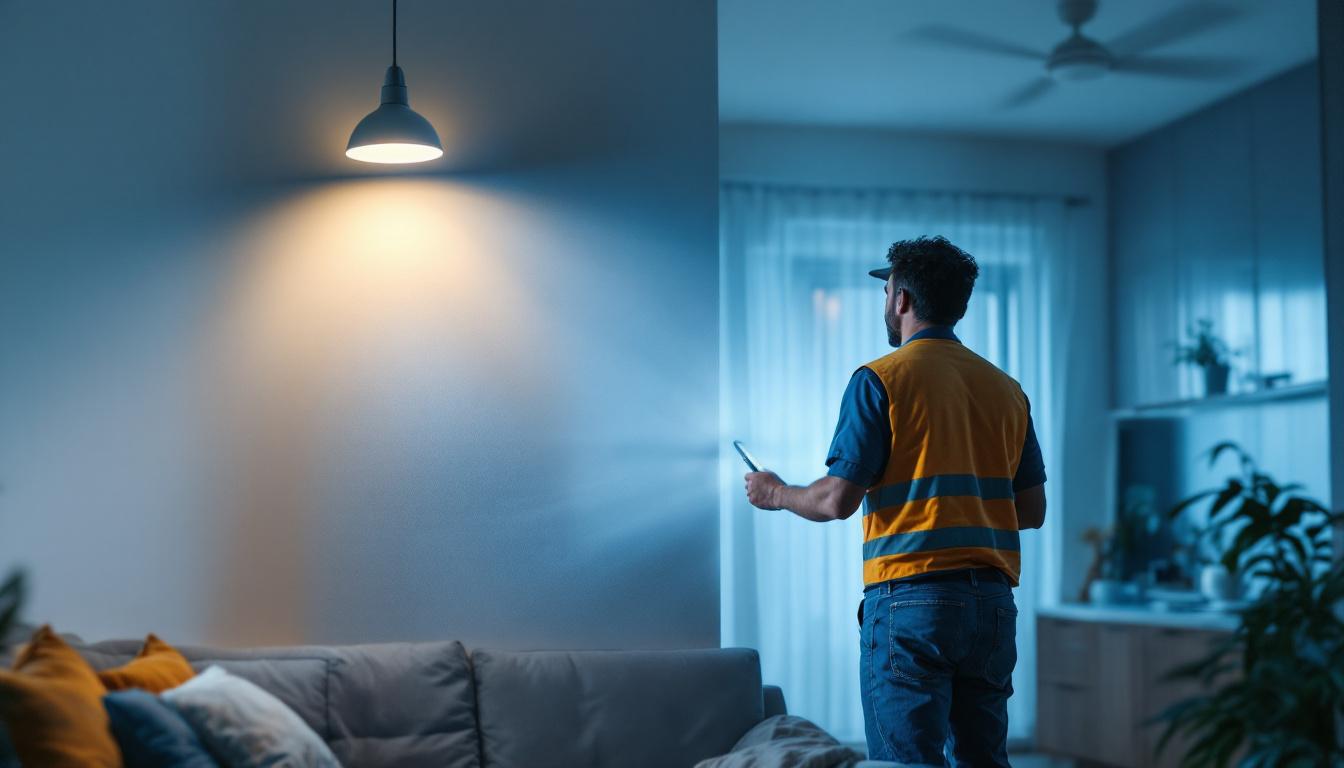 A photograph of a lighting contractor installing a light conversion kit in a residential or commercial setting