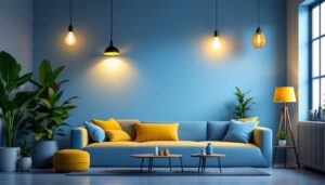 A photograph of a well-lit room showcasing a variety of stylish discount light fixtures