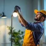 A photograph of a lighting contractor installing or showcasing a 4' led lamp in a well-lit indoor environment