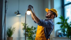 A photograph of a lighting contractor installing or showcasing a 4' led lamp in a well-lit indoor environment