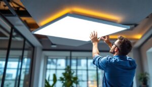 A photograph of a well-lit ceiling panel light installation in a modern interior space