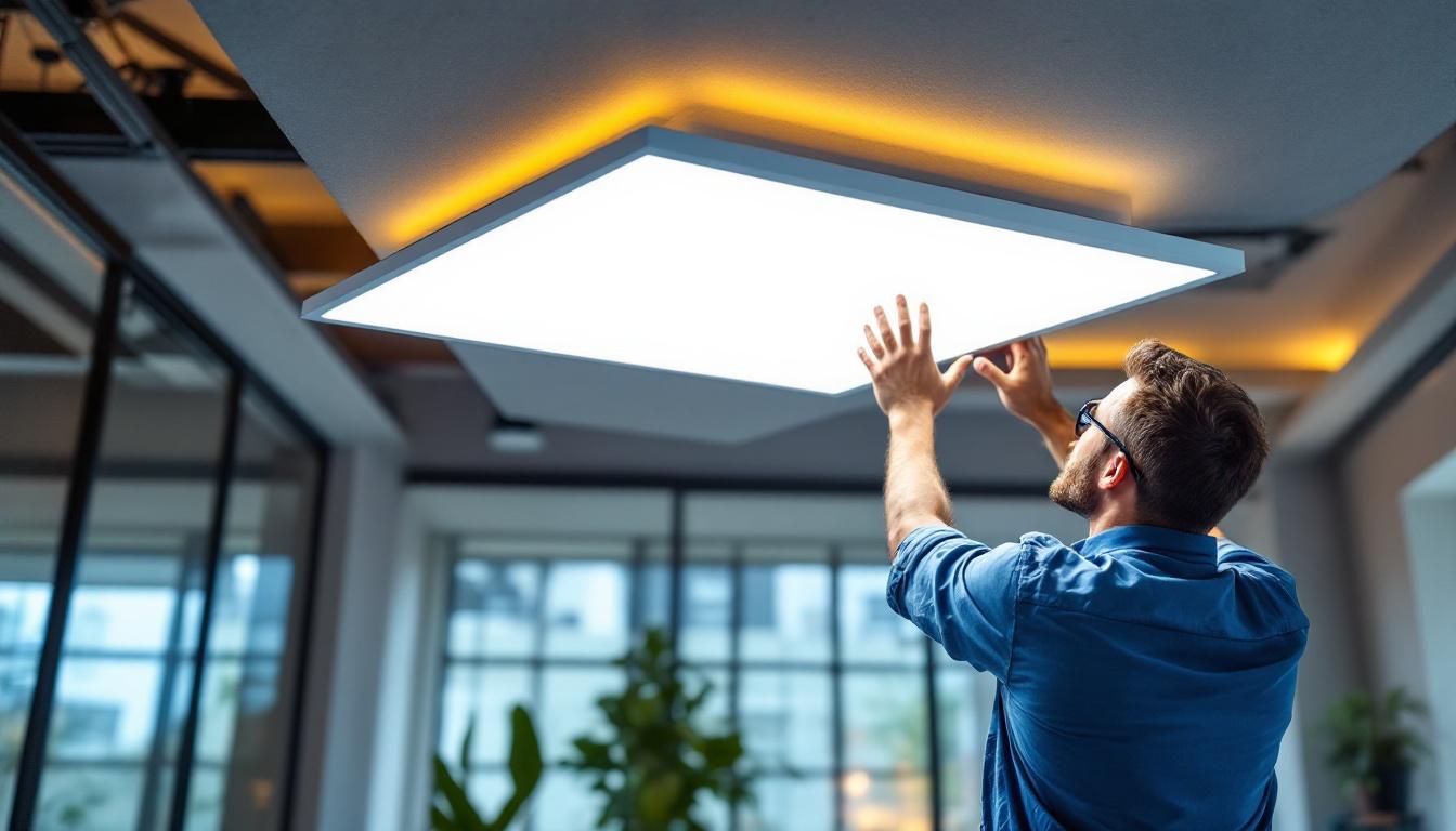 A photograph of a well-lit ceiling panel light installation in a modern interior space