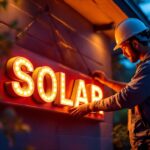 A photograph of a lighting contractor installing solar-powered sign lights in an outdoor setting