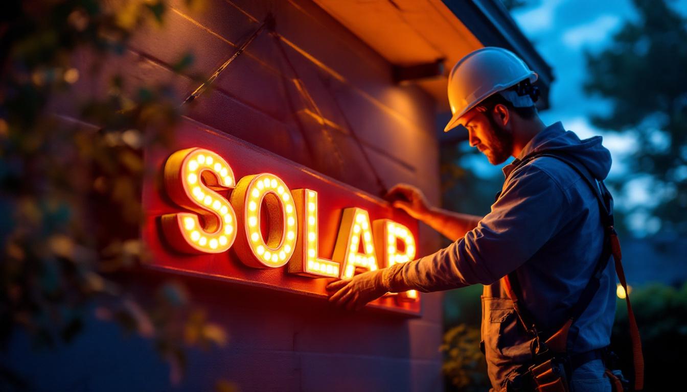 A photograph of a lighting contractor installing solar-powered sign lights in an outdoor setting