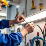 A photograph of a skilled electrician demonstrating the proper technique for wiring a fluorescent light fixture