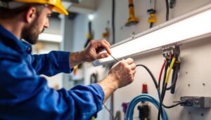 A photograph of a skilled electrician demonstrating the proper technique for wiring a fluorescent light fixture
