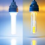 A photograph of a side-by-side comparison of a fluorescent tube and an led tube illuminated in a well-lit environment