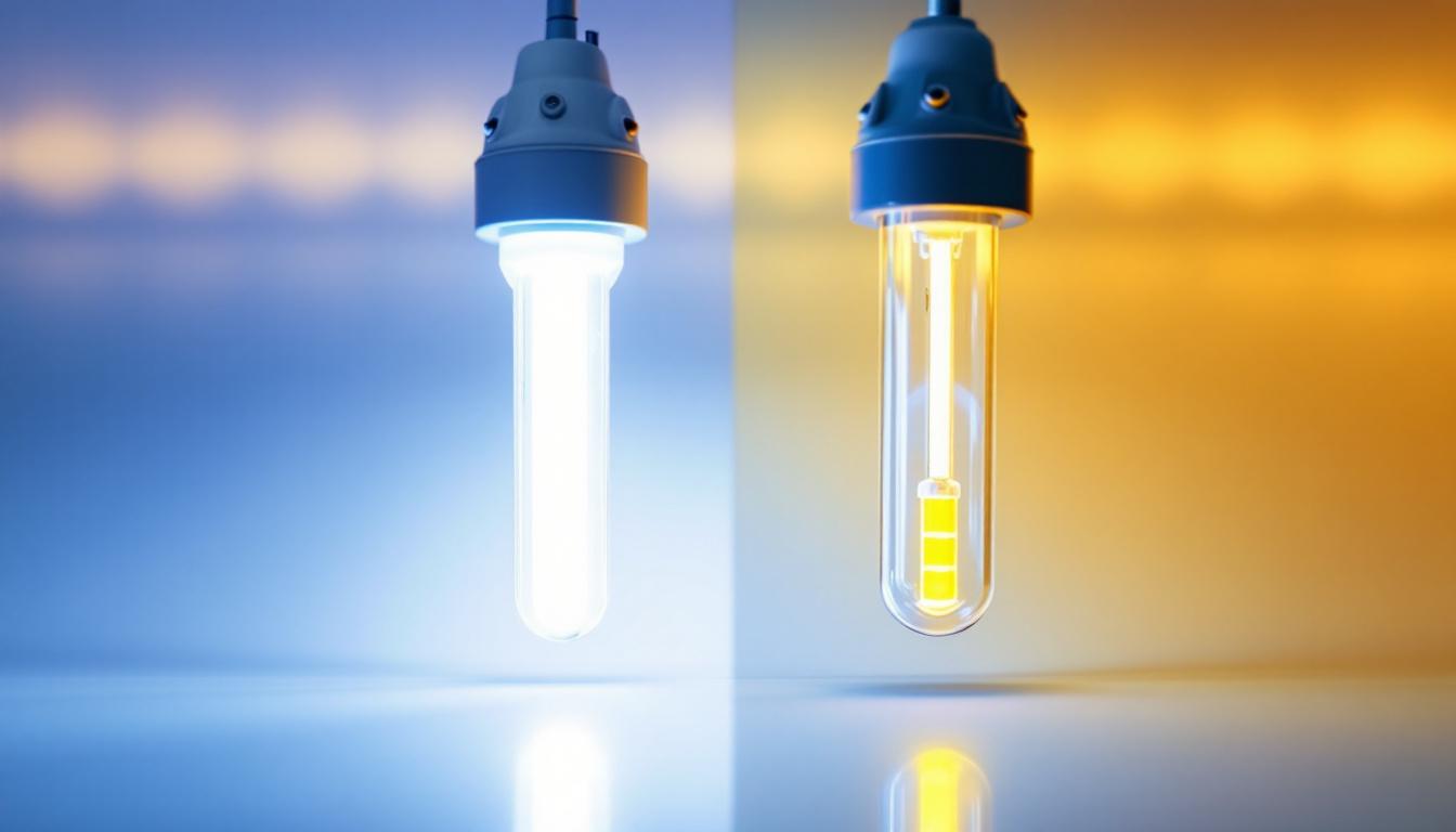 A photograph of a side-by-side comparison of a fluorescent tube and an led tube illuminated in a well-lit environment