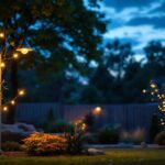 A photograph of a well-lit backyard featuring a stylish light pole